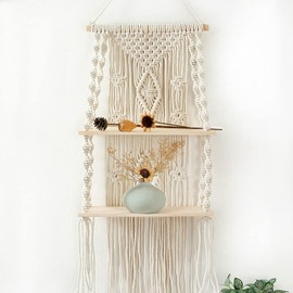 Cyxunand Macrame Wall Hanging Shelf Tassel Woven Macramé Shelves,Boho Wall Hanging Shelves for Small Plants Photo Frames,Home Living Room Bedroom Balcony Decor (2T)
