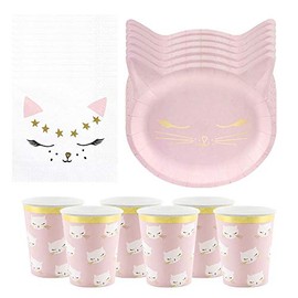 Cat Birthday Party Pack for 6 | Pink Plates, Cups and Napkins