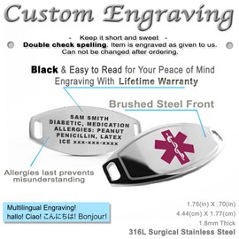 My Identity Doctor - Customized Women's Medical ID Bracelet with Engraving - 1.2cm Steel, Glass Hearts - Purple - Wrist Size 7.75 Inch