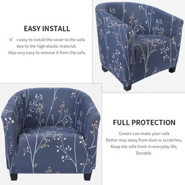 SearchI Club Chair Slipcover Stretch Barrel Chair Covers Printed Tub Chair Slipcovers Spandex Armchair Sofa Cover Removable Couch Furniture Protector Arm Chair Cover for Living Room(Grey Blue+Leaves)
