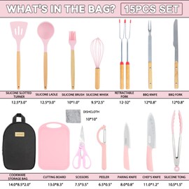 Camkinger 15Pcs Portable Camping Utensil Kit with Storage Bag, Lightweight Kitchen Cooking Essentials, Outdoor Camping Utensils Set for Travel, RV, BBQ, Hiking, for Birthday, Christmas