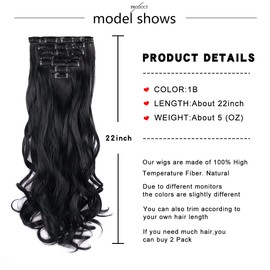 22 Inch Clip In Hair Extensions 7 PCS Long Wavy Synthetic Black Hair Extension & Natural Soft Invisible Clip Thick Hairpieces for Women Daily(20Inch, 7pcs, Black)