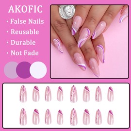 AKOFIC 24Pcs Almond False Nails Short, French Acrylic Press on Nails Designs, Full Cover Stick on Nails, Fake Nails with Jelly Glue for Women Girls Nail Art (Glossy Pink Ripple)