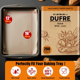 Dufre 200 Pcs Parchment Paper Sheets,12x16INCH Heavy Duty No-Stick No-Leak Unbleached Baking Paper Pre-cut for Air Fryer,Bakeware,Half Sheet Pans,Grilling,Oil-proof Parchment Sheets