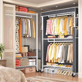 Raybee Heavy Duty Clothes Rack with Cover, 81" H Clothing Racks for Hanging Clothes with Wheels & Adjustable Feets, Portable Clothes Rack Freestanding Closet Garment Rack Max Load 500LBS (White)