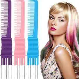 3 Pack Carbon Lift Teasing Combs with Metal Prong, Salon Teasing Back Combs Carbon Comb with Stainless Steel Lift (Blue, Pink, Purple)