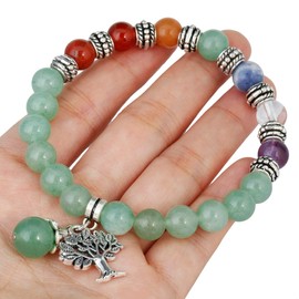 mookaitedecor Natural Green Aventurine Semi Precious Gemstone Stretch Bracelet with Tree of Life, Healing Crystal Chakra Stone Beads Bracelet Colourful Good Luck Jewellery Gift for Women