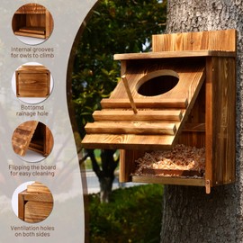 SELENAIRE Premium Pine Outdoor Owl House – Songhorn Owl Nest Box (Round Hole Design), Year-Round Songbird Habitat. Equipped with Pine Wood Shavings, Screws & Tools – Quick & Worry-Free Assembly