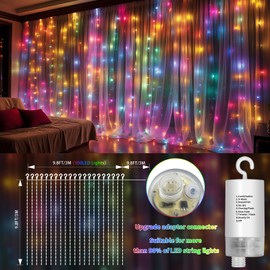 Upgraded 300LED Curtain Lights Battery Operated Outdoor Waterproof, 10ftx10ft Twinkle Hanging Waterfall Lights with Remote Control, 8 Mode Dimmable String Fairy Lights for Bedroom Porch Gazebo Color