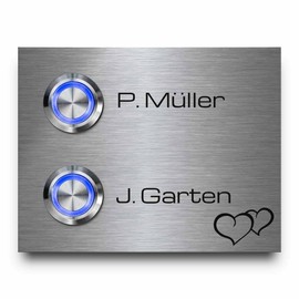 Double Doorbell Stainless Steel with Family Name, Model Twin from 9 x 7 cm, Individual Engraving and 2 Premium LED Bell Buttons, Beautiful Motifs and Desired Text