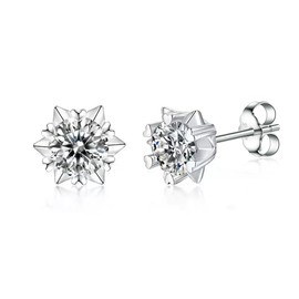 Moissanite Stud Earrings for Women 1CT 925 Sterling Silver Classic 4-Prong Round Cut D Color VVS1 Brilliant with 18K White Gold Plating Snowflake Earrings for Women