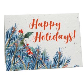 Of The Earth Handmade Paper - Wildflower Seed Paper Folding Card - Holiday Variations - 3" X 5" - Set of 10 - Envelopes & Planting Instructions Included (Happy Holidays Watercolor Spruce Print)