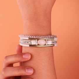 FANCY SHINY Leather Wrap Bracelets Crystal Beads Bracelet Boho Cuff Stone Charm Bracelets with Clasp Costume Jewelry for Women(White)