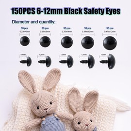 Makorobi 150pcs Safety Eyes Crafts Doll Eyes with Washers 6mm to 12mm Black Plastic Safety Eyes for Amigurumis Crochet and Stuffed Animals Bears Making