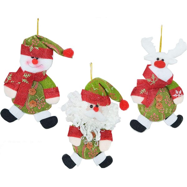 Shatchi 3 Handmade Novelty Christmas Tree Hanging Xmas Home Decor Stocking Fillers Santa Snowman Reindeer Teddy Toys Gifts, Multi, 12-14cm