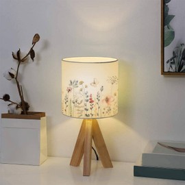 BAISTSAELER Tripod Table Lamp Watercolor Floral Seamless Colorful Wildflowers Leaves Plants Bedside Desk Lamp Wooden Nightstand Lamp with Linen Fabric Shade for Nursery Living Room Kids Room Bedroom
