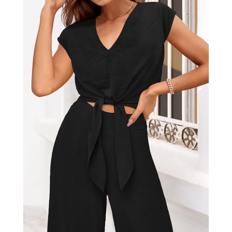 PRETTYGARDEN Women's Summer 2 Piece Outfits 2025 Cap Sleeve V