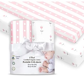 100% Organic Cotton Sheets for Pack 'n Play and Other Portable/Mini CribsPink/White Girl's 2 Pack for Playard Or up to 3" Mattress