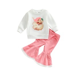 Gueuusu Toddler Baby Girl My 1st Christmas Outfit Santa Baby Long Sleeve Sweatshirt Flared Rib Pants Fall Winter Clothes Set (B-Pink, 12-18 Months)