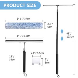 Squeegee for Shower Glass with Long Handle – Extends 13" to 48", Includes 2 Towel Sleeves, Replacement Silicone Blade & Hook, 14" Wide Blade for Glass, Mirrors, Windows & Tile Walls (Black)