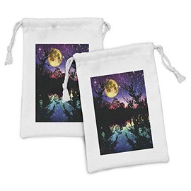 Ambesonne Purple Fabric Pouch Set of 2, Lake Moonlight Stars in Night Sky with Trees Contemporary Modern Design, Small Drawstring Bag for Toiletries Masks and Favors, 9" x 6", Purple Pink and Blue