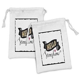 Ambesonne Hello Sunshine Fabric Pouch Set of 2, Hand Drawn Lettering Design with Heart Grunge Effect and Words, Small Drawstring Bag for Toiletries Masks and Favors, 9" x 6", Pale Brown Coral Black