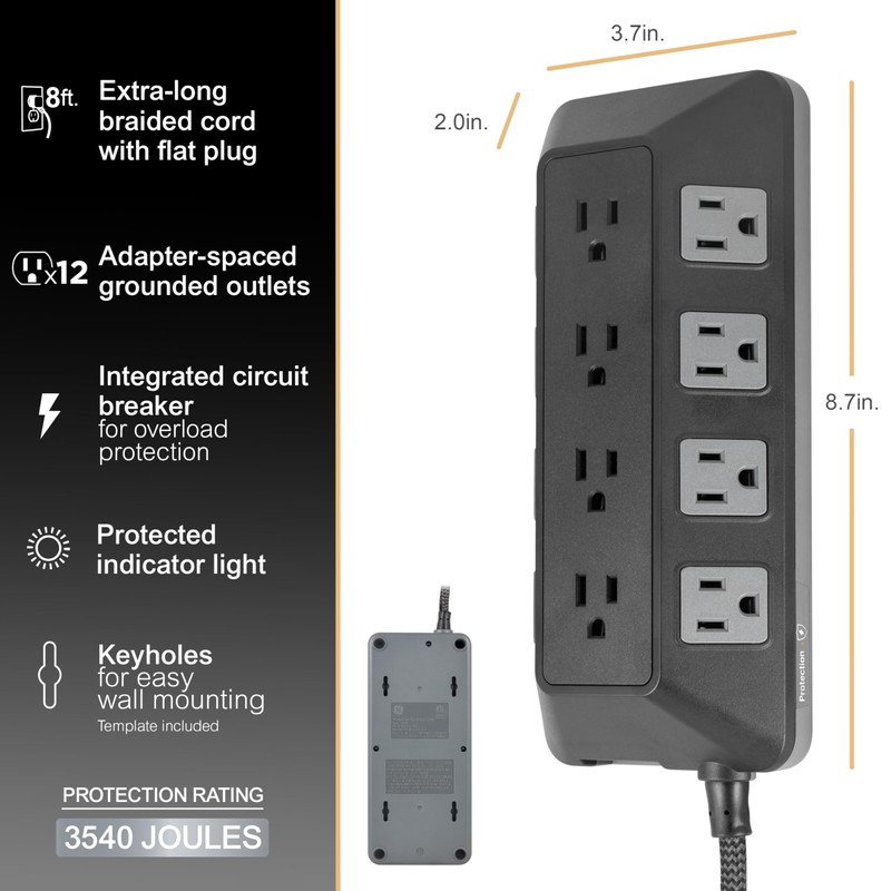 GE UltraPro 12-Outlet Surge Protector, 8 Ft Braided Extension Cord,