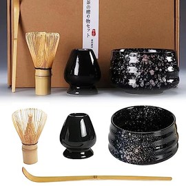 Juego de matcha japonés con batidor y tazón, kit de accesorios de ceremonia de té tradicional, tazón de cerámica negra, soporte para batidor,...      
