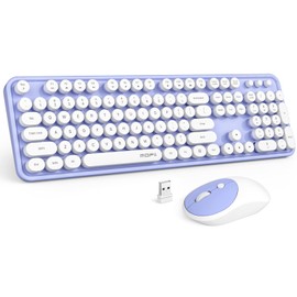 Wireless Keyboard and Mouse Combo, MOWUX Full Size Typewriter Retro Round Computer Keyboard, Mouse Wireless, Plug and Play, for Laptop, PC, Computer- Purple