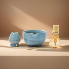 Matcha Whisk Set: Matcha Bowl with Spout, Matcha Set Whisk and Ceramic Whisk Holder with Bamboo Matcha Scoop - 13.5 oz Chawan Bowl (Steel Blue)