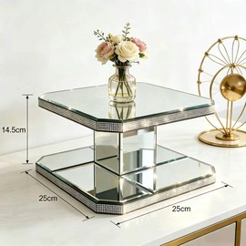 GIMORRTO Mirrored Display Riser with Rhinestone Trim, Two-Tier Square Stand, Decorative Glass Platform (6 inches high)