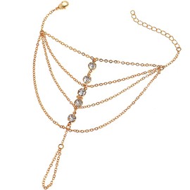 Suyi Finger Ring Bracelet Hand Harness Chain Bracelet Rhinestone Gifts for Women Girls Gold 8CM/3.1IN