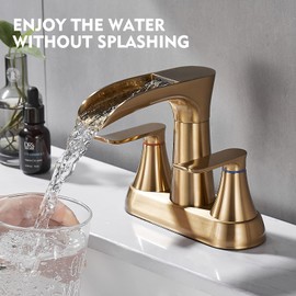 Yundoom 4 Inch Centerset Bathroom Faucet - Brushed Gold Waterfall 2 Handle, 3 Hole Sink Faucet with 360° Swivel Spout & Pop Up Drain