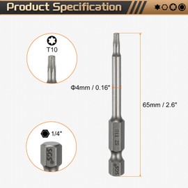 sourcing map T10 Torx Head Screwdriver Bit 1/4" Hex Shank 2.6" (65mm) Long Magnetic No Hole Tip Tamper Proof 6 Point Star Screw Driver Drill Bits S2 Steel Industrial Power Screwdrivers