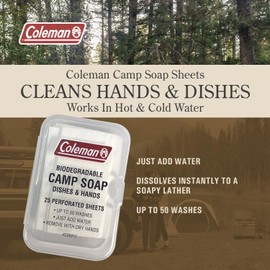 Coleman Camp Soap Sheets – 25 Biodegradable Travel Soap Sheets for Camping, Hiking & Backpacking – Perforated for 50 Washes, Dissolves Instantly in Hot or Cold Water, TSA-Approved for Travel
