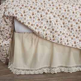 Flax and Lace King Bed Skirt, 16" Drop, Natural Cream Dust Ruffle with Crochet Lace Trim, Vintage Farmhouse, Boho