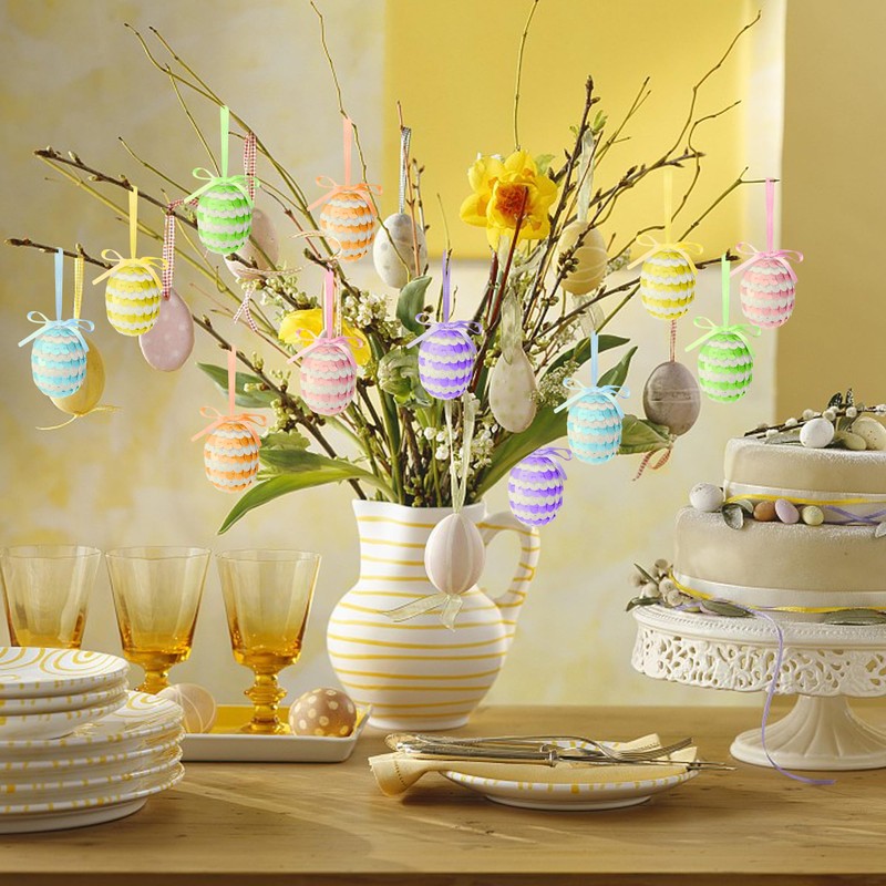 30 Pcs Easter Hanging Sequin Eggs- 1.6" Stripes Easter Eggs