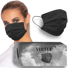VIRTUE CODE On The Go Curved Face Masks - Soft 3 Ply Comfort Face Masks, Colorful Disposable Face Mask 50 Pack. Black Colored Masks. Adults Mens and Womens Disposable Face Masks