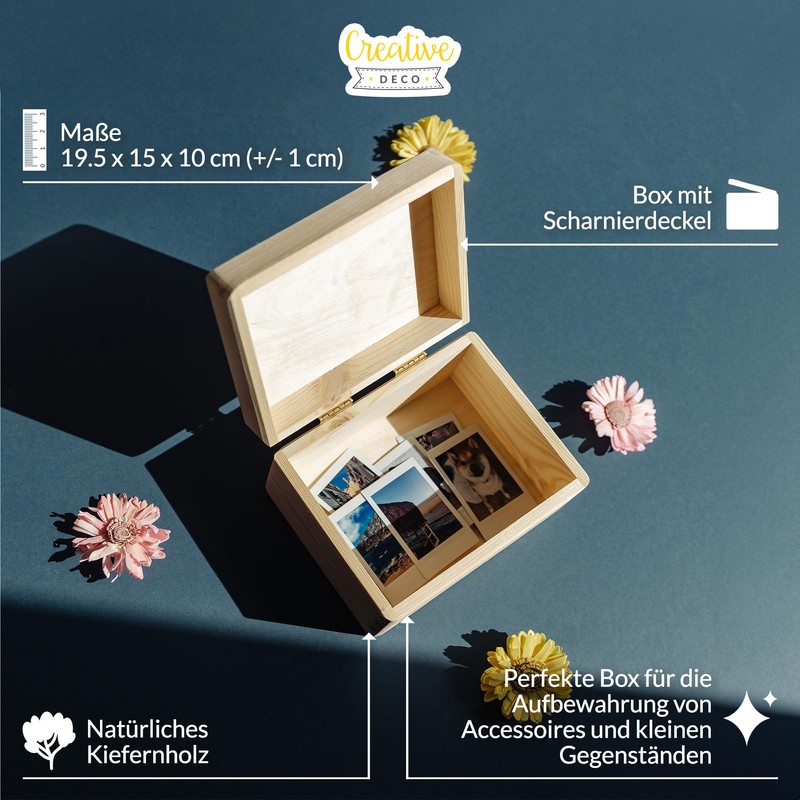 Creative Deco Wooden Box with Lid, 19.5 x 15 x