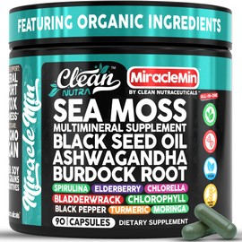 Clean Nutra Organic Sea Moss Capsules with Ashwagandha, Black Seed Oil, Burdock Root, Bladderwrack, Moringa, Chlorella, Spirulina, Turmeric, Elderberry, Amla – 90 Vegan Capsules – MiracleMin