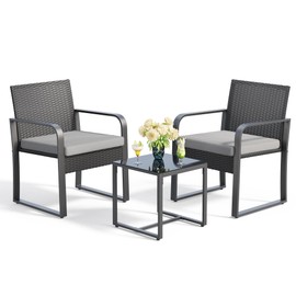 Gizoon 3 Pieces Patio Set Outdoor Wicker Furniture Sets, Modern Rattan Chair Conversation Sets with Coffee Table, for Yard, Bistro, Garden, Balcony, Poolside, Grey