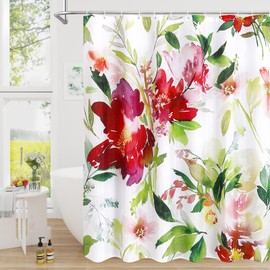 Litabel Green Watercolor Floral Shower Curtain, Plant Leaves with Red Flower Shower Curtains for Summer Bathroom Decor, Modern Fabric Botanical Waterproof Shower Curtain Set with Hooks 72x72 Inch