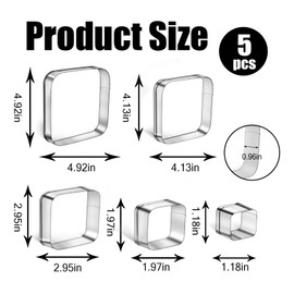 5PCS Rounded Square Cookie Cutter Stainless Steel Square Cookie Mold Biscuit Molds Pastry Molds Fondant Cutter Set (5 Inch 4 Inch 3 Inch 2 Inch 1 Inch)