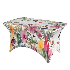 Spring Flower Butterfly Spandex Tablecloth for Rectangular Tables, Fitted Tablecloth 4FT Stretch Spandex Table Covers for Folding Tables, Wrinkle Resistant Table Protector for Party Weddings BBQ