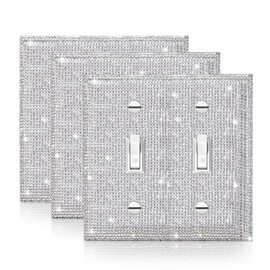 Gaocai 3 Pcs Silver Shiny Silver Rhinestones Wall Plates Light Switch Cover Plate Decorative Wall Plate Outlet Covers Double Gang Toggle Durable Wall Outlet