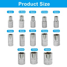 Aracombie 13Pcs Professional Metric Socket Set, 1/4" Drive 6-Point Shallow Sockets 4-14mm (Including 4.5 and 5.5mm), Professional Grade Mechanic Tool Kit for Automotive, DIY and Home Repairs