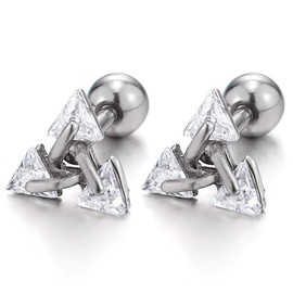 Stainless Steel Triangle Cubic Zirconia Stud Earrings for Men Women, Screw Back Post, 2pcs