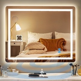 DWVO Wall Mounted Vanity Mirror with Front Light and Backlit, 40" x 32" Makeup Mirror, Motion Sensor, 10X Magnifying Glass, 3 Colors Dimmable, 5mm Tempered Glass, Anti-Fog, Horizontally Only