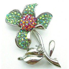 Unbranded Whimsical Green Daffodil Flower RHINESTONE Silver Ornament Christmas Gift Brooch