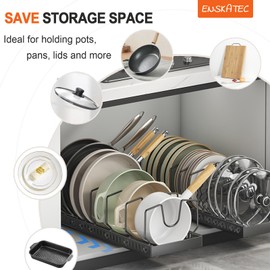Enskatec Expandable Pots and Pans Organizer Under Cabinet, Sliding Pot Lid Holder and Pan Rack in Kitchen, Pull out Pot and Pan Organizer for Pot Lid, Bakeware, Dishes, with 10 Adjustable Dividers